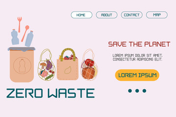 Template, layout landing page with an illustration trash can with plastic, bags for products of the concept of sustainable development or environmental protection. Vector illustration in flat style