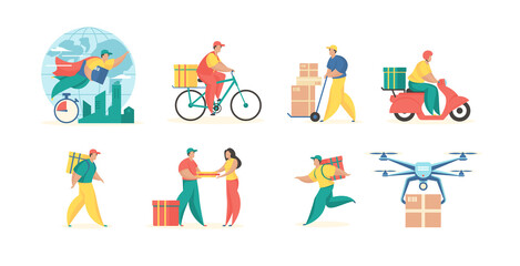 Delivery methods goods set. Global pedestrian and transport courier delivery services. Use electronic drones with innovative logistics. Highspeed worldwide industry. Vector flat illustration