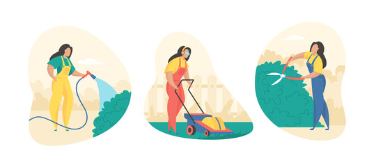 Work in garden and summer cottage. Woman in uniform cuts bushes and mows grass with lawnmower. Well maintained and clean courtyard. Watering flowering plants. Vector flat illustration