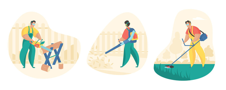 Yard and garden cleaning set. Male character is mowing lawn with trimer and cleaning leaves with garden vacuum cleaner. Sawing logs for firewood. Vector flat illustration isolated