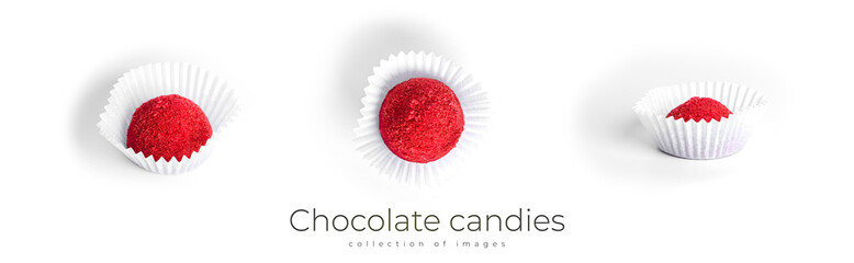 Red, chocolate candy truffles isolated on a white background. Raspberry candy.