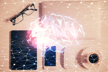 Multi exposure of brain drawing over work table desktop. Top view. Global data analysis concept.