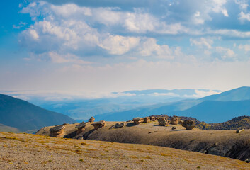 Valley of stone mushrooms under Elbrus mountain