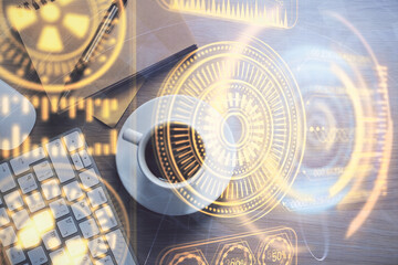 Double exposure of technology drawing and work table top veiw. Concept of hightech.