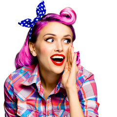 Woman holding hand near open mouth, looking outside and saying something. Girl dressed in pin up...