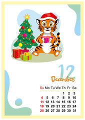 calendar for 2022 in Englih. Wall calendar template for December 2022. Year of the tiger to the Eastern Chinese calendar. Cute character in flat design. Week start in Sunday. In size A4 A3 A2 A5