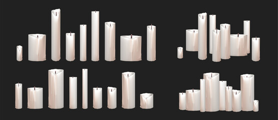 Realistic 3d candle, vector Christmas, church candles collection. Wax candle for birthday cake, anniversary, religion design.