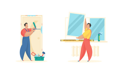 Replacement and installation windows and doors. Male characters in uniforms change double glazed windows foamed grooves doors. Toolbox and ruler level. Repair service. Vector flat illustration set