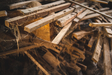 Background image of furniture woodworking workshop, carpenters industrial wooden material work table with different craft tools and wood cutting stand, vintage filter image.