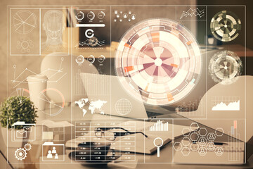 Double exposure of data theme drawing and office interior background. Concept of technology.