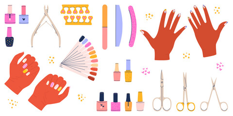 Flat vector cartoon illustration of women's hands and various manicure accessories. Scissors, nail files, clippers, polishes, nail polish palette, and toe separators. White background.