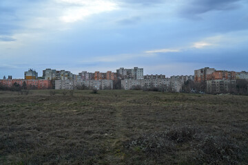 Panel blocks buildings of a housing estate on the outskirts of Veszprém, Hungary; color photo. 