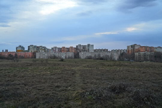 Panel blocks buildings of a housing estate on the outskirts of Veszpr&eacute;m, Hungary; color photo. 