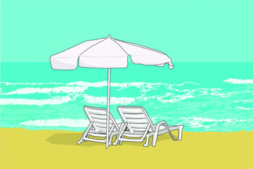 Unas tumbonas junto a una sombrilla en la playa. De fondo las olas del mar.