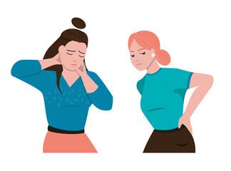Fototapeta premium Two girls with different anatomical pains. Back pain and neck pain. Fatigue from office work. Bad mood due to discomfort. Vector illustration in cartoon style.