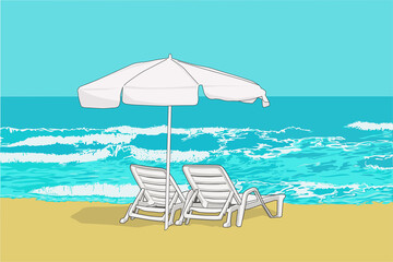 Unas tumbonas junto a una sombrilla en la playa. De fondo las olas del mar.