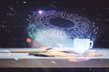 Multi exposure of technology theme drawing and desktop with coffee and items on table background....