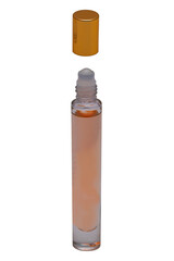 Cosmetic labels. Close-up of a opened orange elegant female parfum glass bottle isolated on a white background. Copy space for your own label. Macro. Advertising.