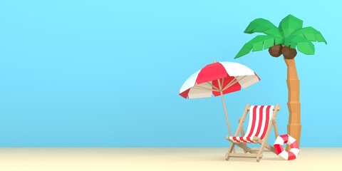 Fototapeta na wymiar 3D render of origami style beach with summer vacation elements on blue background. Travel, holidays, tourism online booking app concept. Stay home travel concept. 