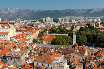 Scenic top view of Split old city from Diocletian&rsquo;s palace bell tower, beautiful cityscape, outdoor travel background, Dalmatia, Croatia. Famous tourist destination in the country and in Europe