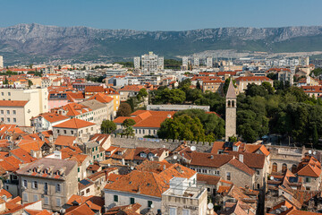 Scenic top view of Split old city from Diocletian’s palace bell tower, beautiful cityscape, outdoor travel background, Dalmatia, Croatia. Famous tourist destination in the country and in Europe