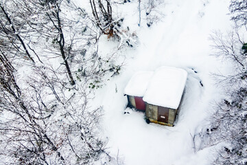 Top View of Snow Cottage From Cable Car in Huakuba Japan