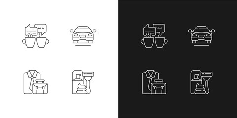 Daily activities linear icons set for dark and light mode. Meeting over coffee with friends. Sedan car. Customizable thin line symbols. Isolated vector outline illustrations. Editable stroke