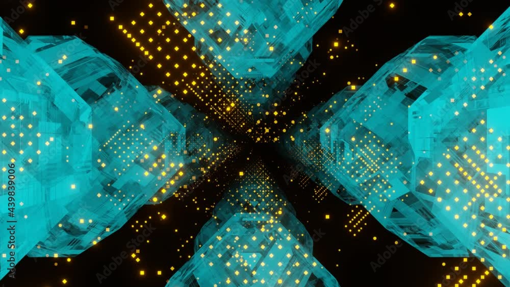 Poster 3d big data digital blue-green cube square tunnel with futuristic yellow matrix. seamless loop.