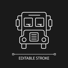 School bus white linear icon for dark theme. Transportation for student. Automobile to drive pupils. Thin line customizable illustration. Isolated vector contour symbol for night mode. Editable stroke