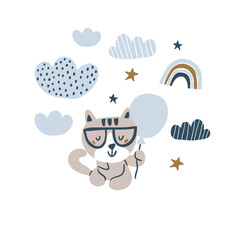 Hand drawn cat illustration in scandinavian style with stars, rainbows, clouds on white. Funny cartoon cat. Hand drawn children's illustration for fashion clothes, shirt, fabric for kids, boys - 439839465