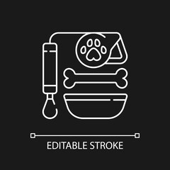Pet lead and food white linear icon for dark theme. Shop with animal products. Supplies for cats. Thin line customizable illustration. Isolated vector contour symbol for night mode. Editable stroke