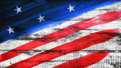 Vintage wood background with USA flag elements in blue red white colors. US Independence Day,...