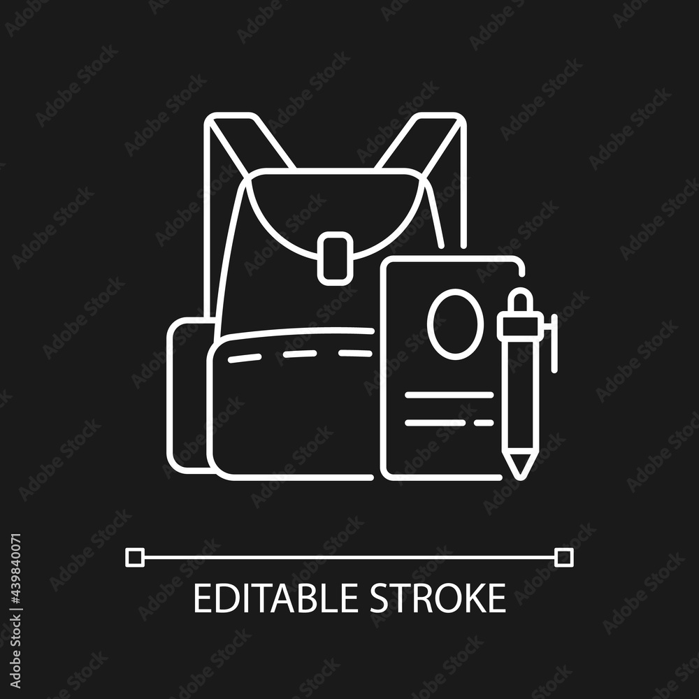 Poster backpack white linear icon for dark theme. preparing for school classes. rucksack with college item.