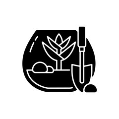 DIY tropical terrarium black glyph icon. Growing plants inside humid environment. Woodland mosses under glass. Succulents in container. Silhouette symbol on white space. Vector isolated illustration