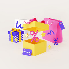 Special offer sale. Opened gift box with discount symbol and confetti. 3d render