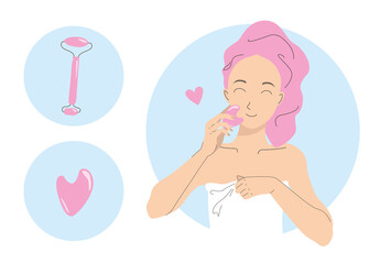 Skin care beauty procedures with quartz face roller massager. Girl after shower making facial gua sha massage with stone scraper. Home spa, skin care routine, skinimalism concept. Cartoon flat vector.