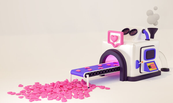 Concept for social media. Factory that produces likes. 3d render