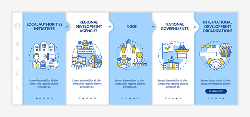 Social unit development programs levels onboarding vector template. Responsive mobile website with icons. Web page walkthrough 5 step screens. Local authorities color concept with linear illustrations
