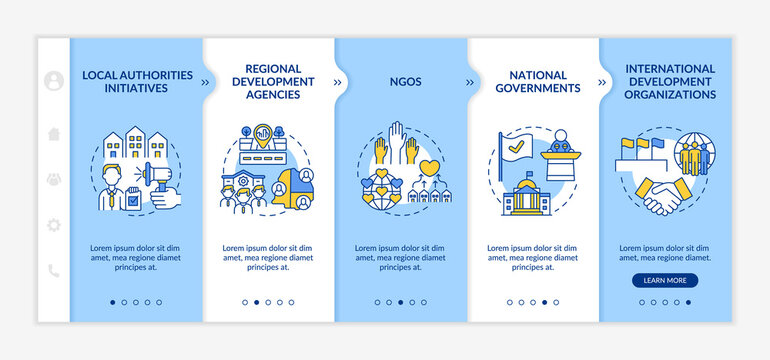 Social unit development programs levels onboarding vector template. Responsive mobile website with icons. Web page walkthrough 5 step screens. Local authorities color concept with linear illustrations