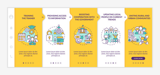 Naklejka premium Social unit development steps onboarding vector template. Responsive mobile website with icons. Web page walkthrough 5 step screens. Training trainer color concept with linear illustrations