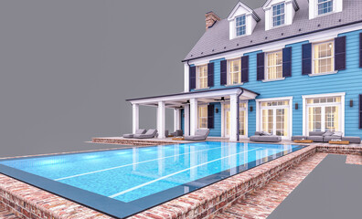 3d rendering of modern cozy classic house in colonial style with garage and pool for sale or rent in evening. Isolated on gray.