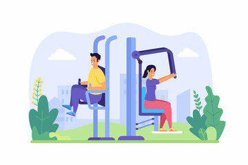 People training with fitness equipment outdoors. Male and female characters actively pumping muscles on sports mechanisms. Athletic activities in park. Rest and summer exercises. Vector flat