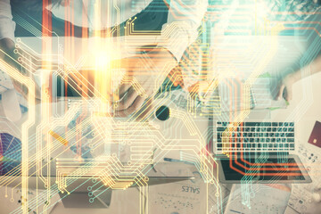 Obraz premium Double exposure of man and woman working together and world map hologram drawing. international network concept. Computer background. Top View.