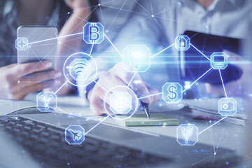 Double exposure of man and woman working together and social network theme hologram drawing. People connection concept. Computer background.