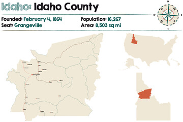 Large and detailed map of Idaho county in Idaho, USA.
