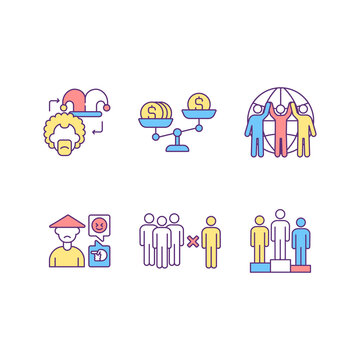 Racial Discrimination RGB Color Icons Set. Ethnic Stereotypes. Wage Gap. Cyber Harassment. Isolated Vector Illustrations. White Supremacy. Social Exclusion Simple Filled Line Drawings Collection