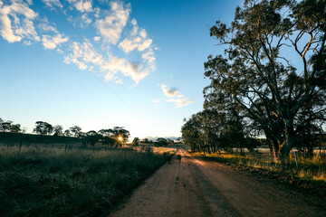 Sun setting on country road in outback NSW, Australia