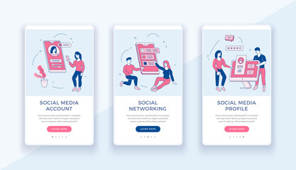 Creation of social web accounts. Communication and business in social networks and groups. Male and female characters create and promote personal digital profile. Vector mobile flat linear banner