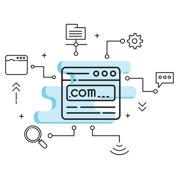 dot com domain url vector Icon design, Cloud computing and Web hosting services Symbol on White background, Tld .com register concept, Domain Registerar Sign