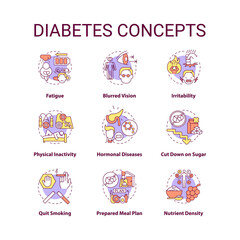 Diabetes concept icons set. Health issues. Disease health problems. Special diet for ill people. Healthy eating idea thin line color illustrations. Vector isolated outline drawings. Editable stroke